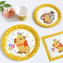 55/25/10件組 卡通水豚生日主題一次性餐具套裝，完整套裝包含紙盤、紙杯、餐巾紙，柔和粉嫩色調可愛設計，適合兒童周歲生日派對、寶寶生日派對、療癒動物主題聚會，氛圍感餐桌派對裝飾用品 - 款式1 - 查看 4