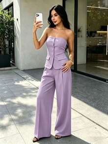 Strapless Bustier Set With Wide Leg Pants - Elegant Style For Women - Lilac Purple - View 6
