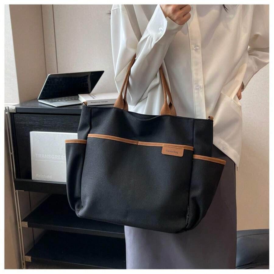 Shopping Bag With Contrast Trim, Casual Multi-Pocket Bag For Graduates, Teenage Girls, Freshmen, - 黑色 - 查看 1