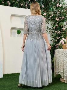 JINLICX Luxury Grey V‑Neck Rhinestone Beaded Peplum Pleated Floor‑Length Banquet Evening Dress - Silver - View 4