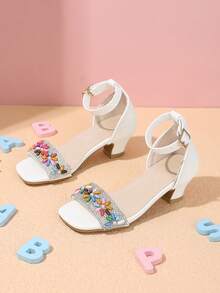 1 Pasang Sandal Hak Tinggi Musim Panas Baru untuk Anak Perempuan, Dekorasi Manik-Manik Warna-warni dengan Rhinestone Perak, Gesper Ujung Persegi Ujung Terbuka Sepatu Putri Manis, Cocok untuk Pesta, Pertunjukan, Belanja, Dipadukan dengan Gaun - Putih - View 3