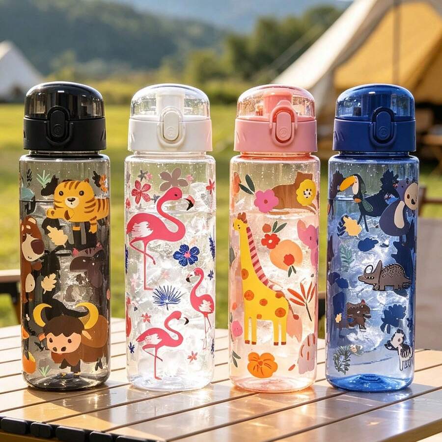1pc 600ml Cartoon Pattern Printed Summer Water Bottle With Straw Cup, Suitable For Sports, Outdoor, Home, Office, School, Portable And Giftable - Multicolor - View 1