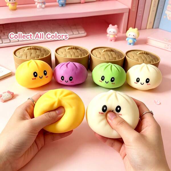 2pcs/1pc Dumpling Shaped Stress Relief Squeeze Toy, Daily Stress Relief Toy, Squishy Toy, Squishy Stress Relief Toy, Colorful Dumpling Stress Ball, Fingertip Sensory Toy, Stress Relief Squeeze Toy, Squishy Dough Ball Stress Relief Hand Toy, Elastic Desktop Toy With Food Steamer, Game And Party Toy, Suitable As Gift Or Party Favor