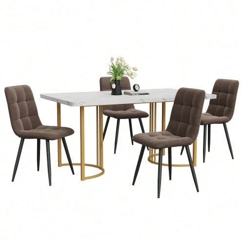 Dining Set (5 Pieces), Table And 4 Chairs, Modern Kitchen Set, 140*80cm Kitchen Table With Gold Metal Legs, White MDF Top, Brown Velvet Dining Chairs - White - View 1