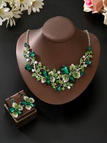3 peças/Conjunto Colar de Cristal Cintilante Vazado da Moda Feminina Nupcial, Conjunto de Joias Luxuoso Adequado para Jantares de Alto Padrão e Casamentos - Jin Meihong 189-2 - Visão 7