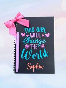 Custom Name Motivational Notebook And Pen Set,Cute Black Notebook And Pen Set With Pink Bow, Custom Name "Let Your Dreams Bloom" Journal,Thoughtful Gift For School - Multicolor - View 9