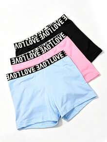 3 piezas/Set Pantalones cortos para niñas, pantalones cortos con estampado de letras en la cintura, casual, para exteriores, fitness, yoga, tela de alta elasticidad, suave y cómodo - Multicolor - Ver 1
