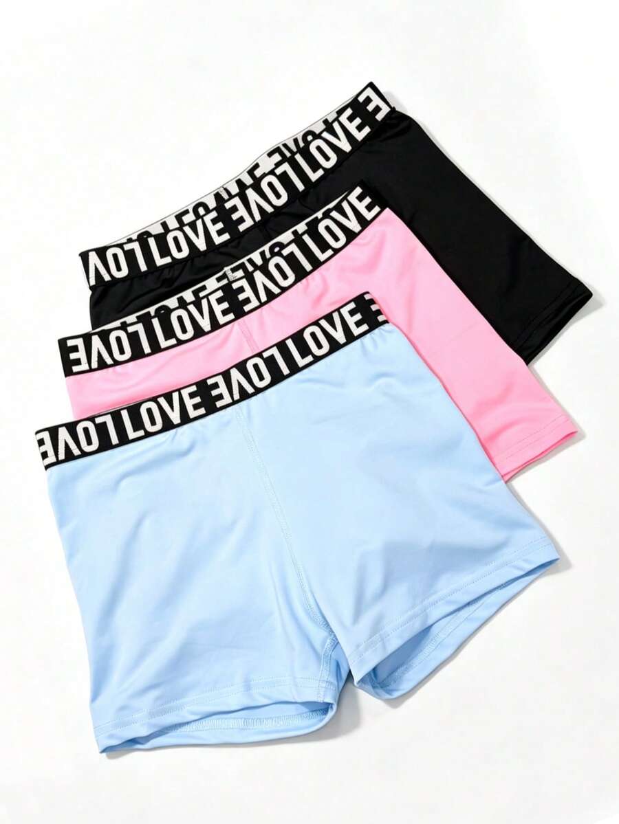 3 piezas/Set Pantalones cortos para niñas, pantalones cortos con estampado de letras en la cintura, casual, para exteriores, fitness, yoga, tela de alta elasticidad, suave y cómodo - Multicolor - Ver 1