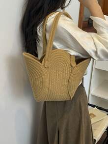 Bolso Tote de Gran Capacidad para Mujer, Bolso de Mano, Bolso de Hombro, Bolso de Axila, Moda de Viaje, Estilo de Vacaciones, Bolso de Playa, Bolso Tejido de Paja, Bolso Tejido de la - Multicolor - Ver 11