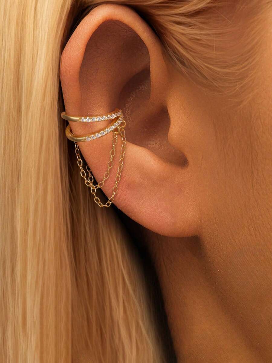 1 buah Anting Manset Telinga Rantai Rumbai Dua Lapis Gaya Eropa & Amerika Baru dengan Rhinestones, Perhiasan Telinga Mewah Kelas Atas yang Indah - Emas - View 1