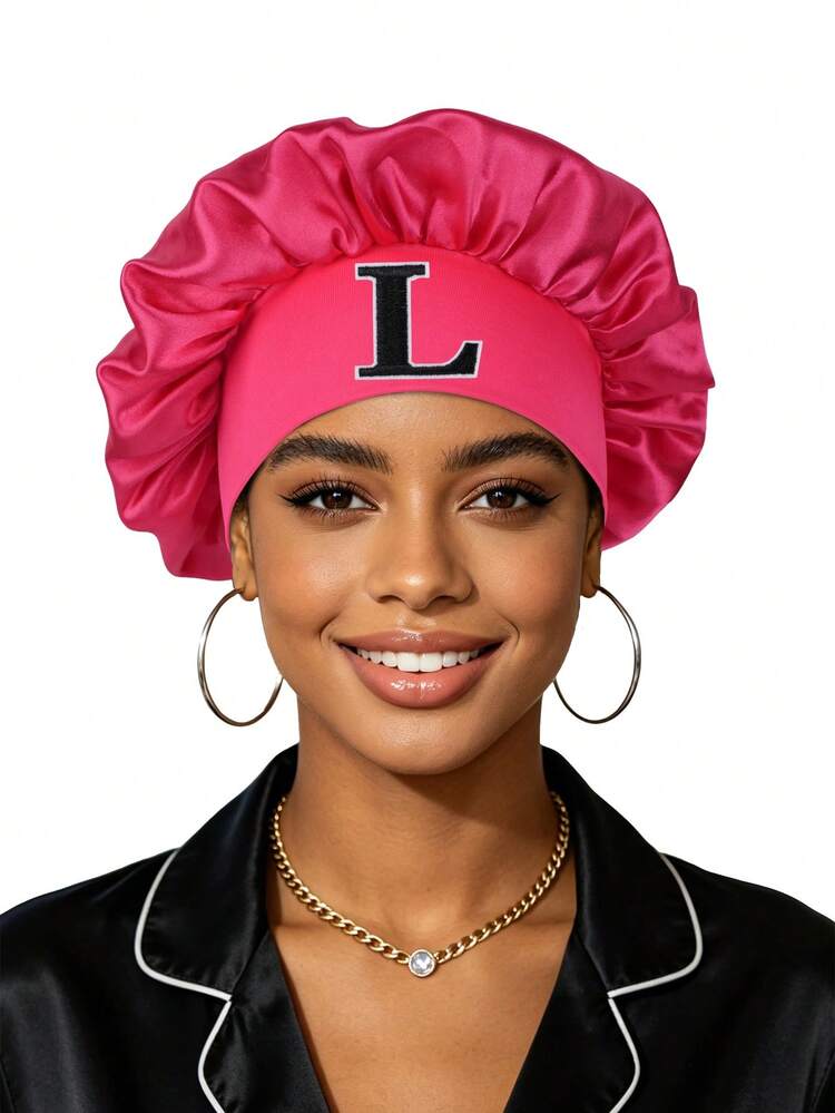 Satin Bonnet For Women, Silk Night Sleep Cap With Embroidered Letter Patches, Elastic Wide Band Hair Bonnet For Curly Hair Styling & Protection, Comfortable Loungewear Hair Wrap - Hot Pink - View 13