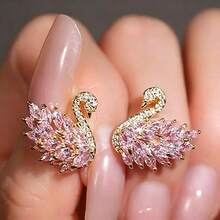 1 Pair Women's Pink Crystal Swan Earrings, Inlaid With Sparkling Cubic Zirconia, Elegant Animal Design, Suitable For Daily Wear And Party Occasions - Pink - View 2