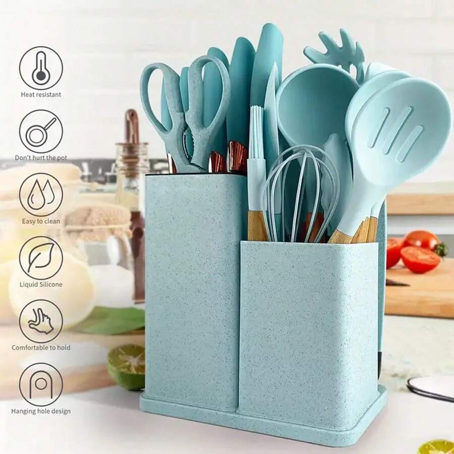19Pcs Silicone Kitchen Utensil Set – Non Stick Cooking Tools With Wooden Handle, Spatula & Spoon For Home - Mint Green - View 1