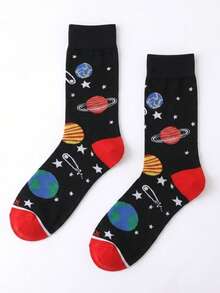 1 Pair Black Outer Space Print Mid-Calf Socks, Unisex, Colorful Planet Polyester Mid-Calf Socks, Breathable Sweat-Absorbing Novel Casual Socks - Multicolor - View 4