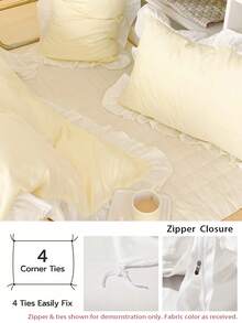 Yellow Creamy Girl Style Ruffle Edge Skin-Friendly Brushed Duvet Cover Set 3pcs (1*Duvet Cover+2*Pillowcases), Suitable For Bedroom, Guest Room, All Seasons, Machine Washable - Yellow - View 2