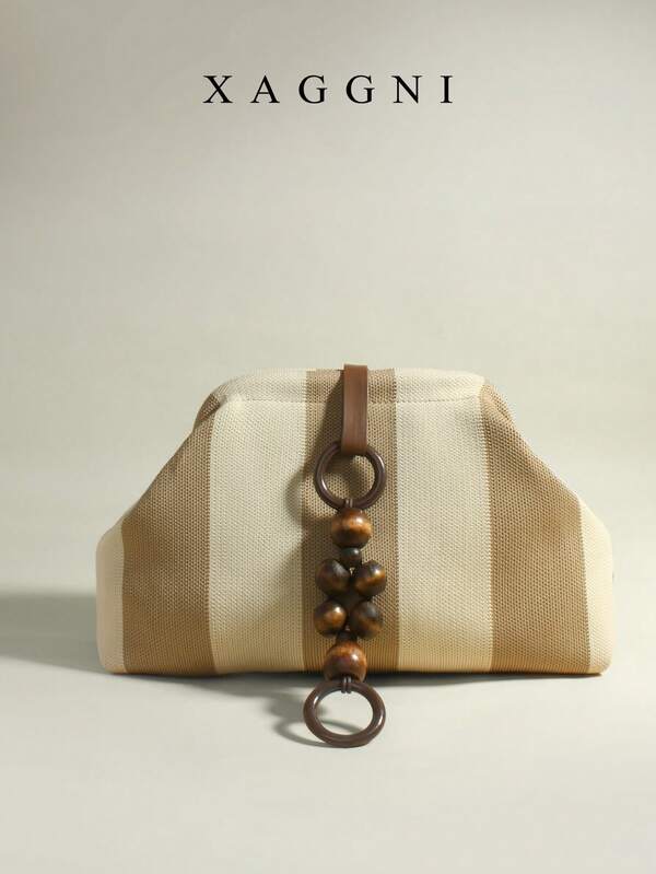 XAGGNI 1pc Niche Bohemian Style Clasp Bag, Mori Style Wooden Bead Pendant Large Capacity Clutch Bag, Cloud Bag, Ruched Bag, Suitable For: Women, Party Girls, Prom, Dinner/Banquet, Daily Commute, Fashion Casual, Travel Vacation