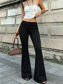 Women's Autumn/Winter Long Pants, Casual Slim Fit Black Solid Color High Waist Flared Pants, Street Style, Suitable For Daily Wear, Date, Commute, Elastic Flare Pants - Black - View 3