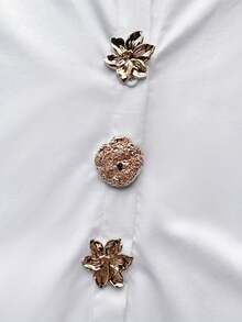 ChicMe Women's Palace Style Lapel Batwing Sleeve Gold Floral Button Front Loose Tie Front Casual Blouse - White - View 11