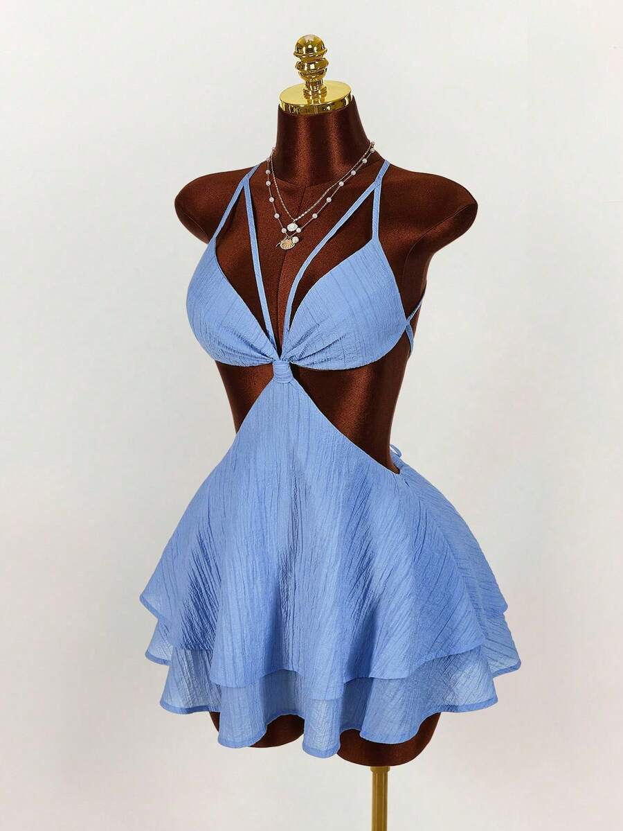 Vestido corto de verano de mujer con tirantes finos, espalda hueca, cruce de tiras y volantes en el bajo, de unicolor - Azul - Ver 1