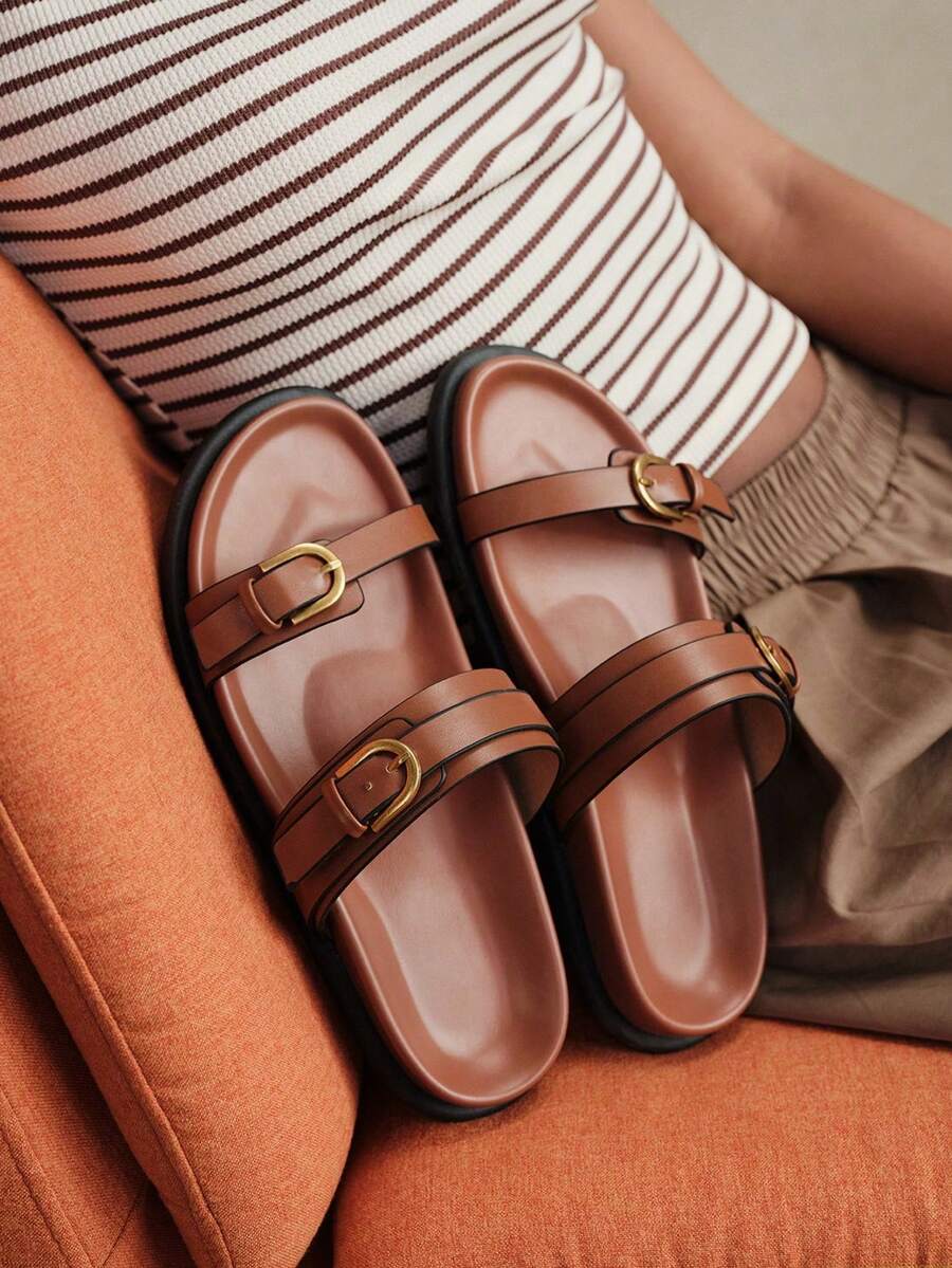Solecia Sandalias planas de playa cómodas de color marrón para mujer - Caqui - Ver 1