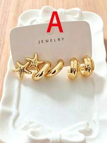 9pcs Vintage Ocean Style Metallic Earrings Set, Starfish Shell Flower Geometric C-Hoop Studs, Versatile For All Seasons, Travel & Vacation, Perfect Gift For Family And Friends - Gold - View 9