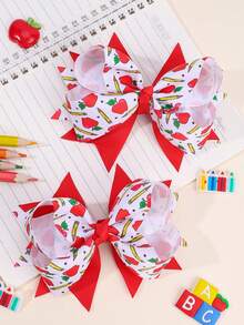 2 peças de ganchos de cabelo com laço e estampado de maçã e lápis para rapariga, voltas às aulas, ganchos bonitos, ganchos de jacaré, primeiro dia de aulas, acessórios de cabelo casuais para o dia a dia - Multicolorido - Ver 1