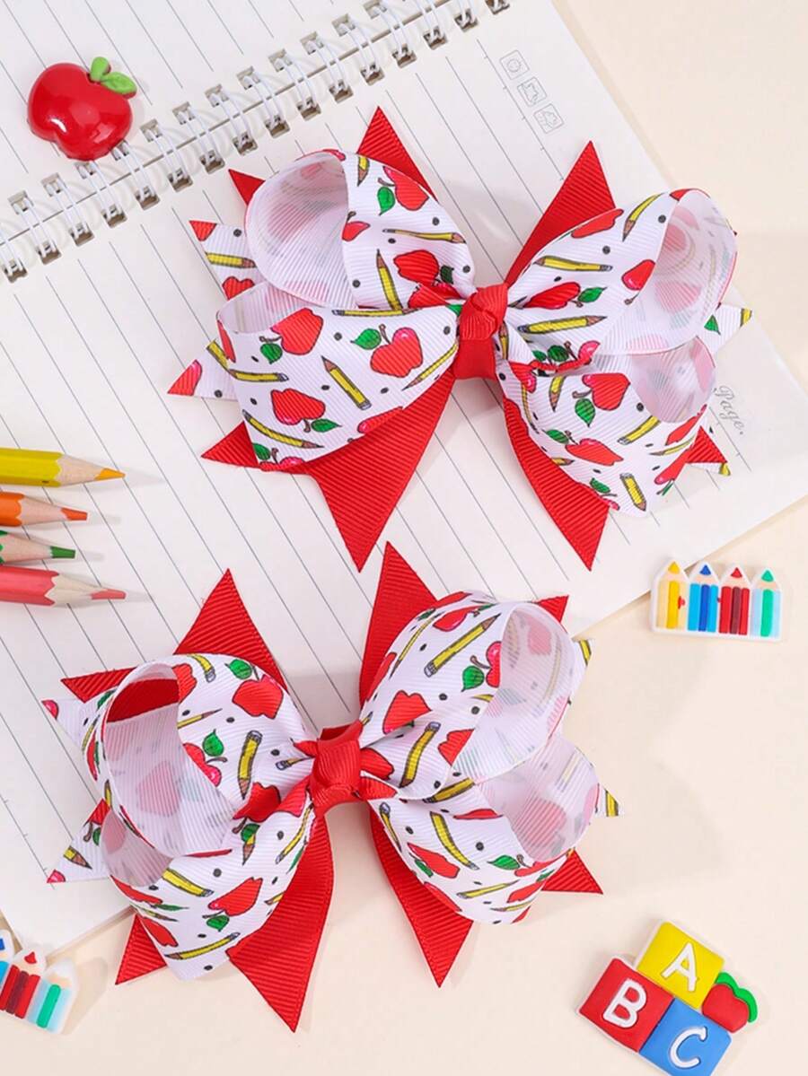 2 peças de ganchos de cabelo com laço e estampado de maçã e lápis para rapariga, voltas às aulas, ganchos bonitos, ganchos de jacaré, primeiro dia de aulas, acessórios de cabelo casuais para o dia a dia - Multicolorido - Ver 1