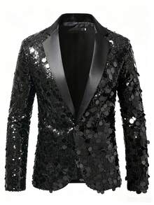 Men's Shiny Sequin Satin Lapel Blazer, Bar Nightclub Singer Stage Performance Formal Suit Jacket, Party Banquet Suit - Black - View 2