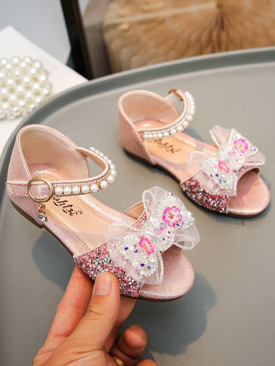 1 Pair Girls' Rhinestone Princess Sandals With Faux Pearl Bow, Soft Sole, Versatile Casual Princess Shoes For Little And Middle Girls, Suitable For School, Commuting, Travel And Leisure - Pink - View 1