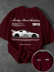 Men's Casual Short Sleeve Crew Neck T-Shirt With Street Racing Slogan Print - Blue and White - View 1