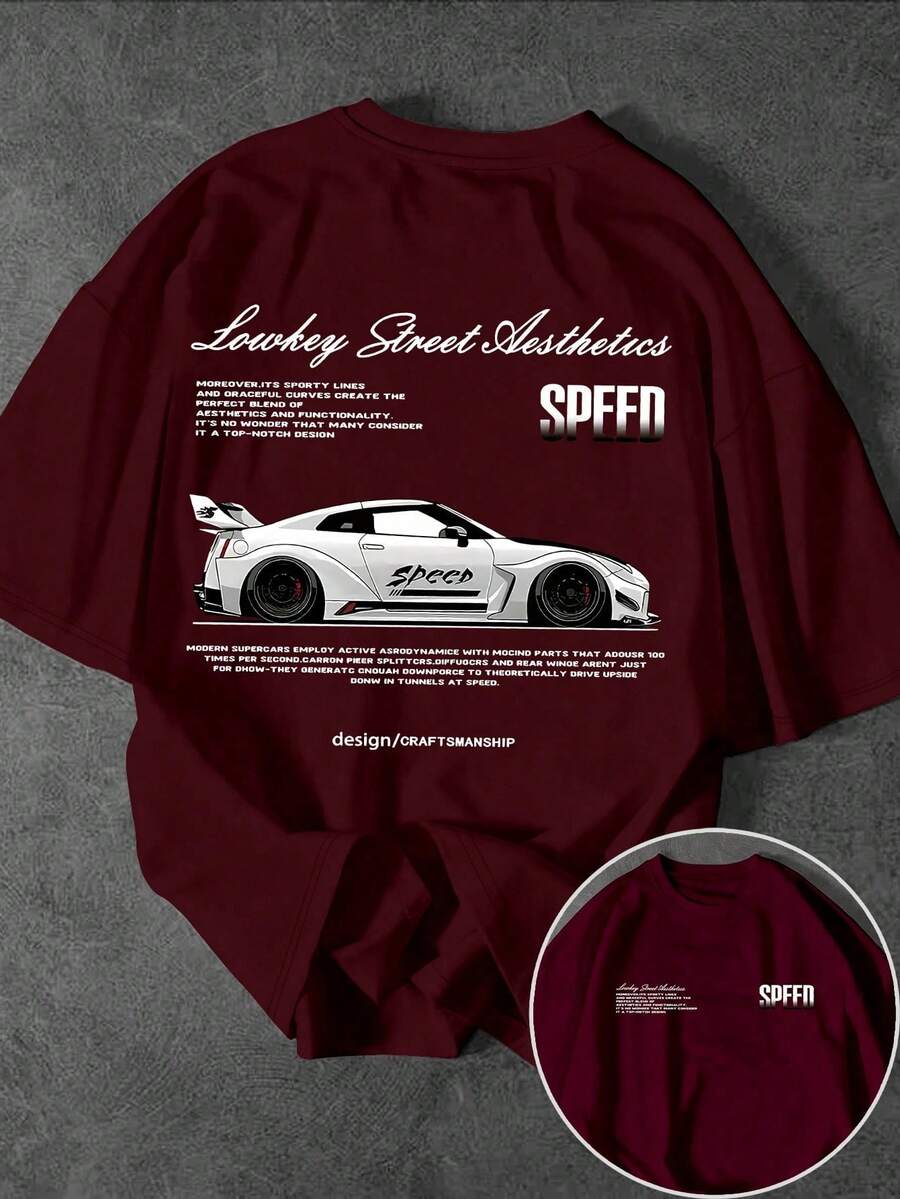 Men's Casual Short Sleeve Crew Neck T-Shirt With Street Racing Slogan Print - Blue and White - View 1