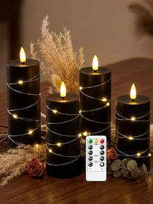 Flameless Flickering Candle Remote Control Set 2.2in X 4in 5in 6in 7in Black Candles With Timer, 4pcs LED Battery Powered Simulated Warm Light Cylindrical Candles, Remote Control Function, Designer Style Large Black Remote Control (Batteries Not Included) - Warm Black Light - View 2