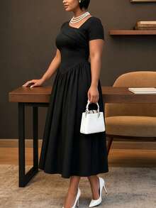 Women's Elegant Asymmetric Collar Fold Decor Short Sleeve Waist Flared A-Line Dress, Suitable For Dates, Work, And Commuting - Black - View 2