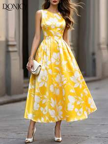DONICY Women's Yellow Floral Sleeveless A-Line Dress, Casual Round Neck Vacation Wear - Yellow - View 10