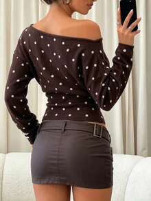 Women's Knitted Off-Shoulder Polka Dot Long Sleeve Pullover Sweater, Suitable For Autumn Wear - Brown - View 8