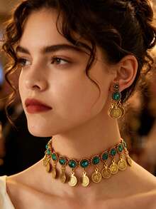 Bohemian Vintage Gold Colorful Crystal Jewelry Set, Sunflower Drop Earrings & Choker Necklace For Party - Round - View 8