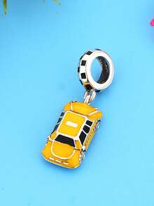 1pc S925 Sterling Silver Yellow Taxi Pendant, Resin Creative Vintage Car Shape DIY Bracelet Charm - Silver - View 4