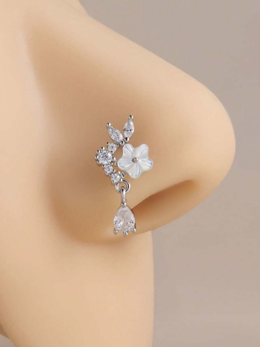 1pc Silver Shell Flower Water Drop Fashion Nose Stud - Multicolor - View 1