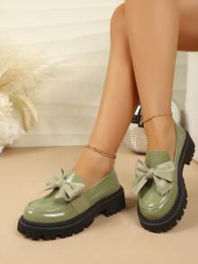 Plus Size Women's Green Thick Sole Chunky Heel Loafers With Large Bow Decor, Round Toe Low-Top Sweet Cool Academy Style Spring Autumn Shoes - Dark Green Bow - View 3