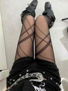 STAR RIVER SOCKS|1 Pair Thin Striped Transparent Tights, Fashion INS Style Black Tight Pants, Sexy Y2K Girl Stockings, White Sweet JK Base Stockings, Suitable For Daily And Street Wear - Multicolor - View 9