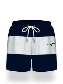 Pantalones cortos casuales de playa para vacaciones para hombre con estampado de bloques de color, cintura elástica con cordón, bolsillos inclinados y forro de malla - Blanco - Ver 12