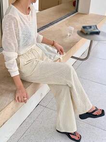Pantalones de pierna ancha a rayas de cintura alta holgados, con cordón en la cintura, versátiles (rayas aleatorias) - Amarillo claro - Ver 3