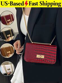 Mini Crocodile Embossed Shoulder Bag For Women Casual Gold Chain Square Crossbody Bag Classic Summer Red Purse For Travel Work Back To School Outfits - Multicolor - View 2