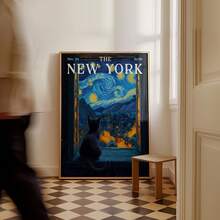 1pc Frameless Van Gogh Starry Night Cat New York Magazine Wall Art - Dreamy Window Print Canvas Poster, Hallway Above Door Decor For Bedroom, Apartment, Dorm, Living Room, Room Decor Bedroom, Deko,Prints For Wall, Vintage Decor & Best Gift Choice - Cartoon - View 2
