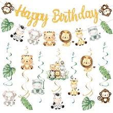 Safari叢林動物生日快樂橫幅套裝，適合兒童嬰兒派對生日派對裝飾，可愛獅子老虎長頸鹿大象猴子花環背景裝飾用品 - 多款式 - 查看 2