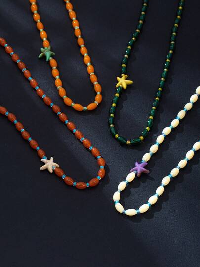 1 pieza/4piezas Collar de cuentas coloridas de dopamina con dije de estrella de mar, estilo de vacaciones, cadena multicapa para la clavícula, diseño de cuentas de arroz de color contrastante, elegante cierre OT, collar de cuentas único