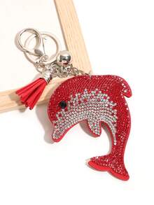 1pc Rhinestone Dolphin Tassel Keychain, Geometric Pattern Boho Zinc Alloy Keyring, Suitable For All Seasons - Light Blue - View 5