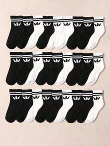 10/20 Pairs Toddler Children Teenager Solid Color Daily Casual Solid Color Sports Mid-Calf Socks - Black and White - View 1
