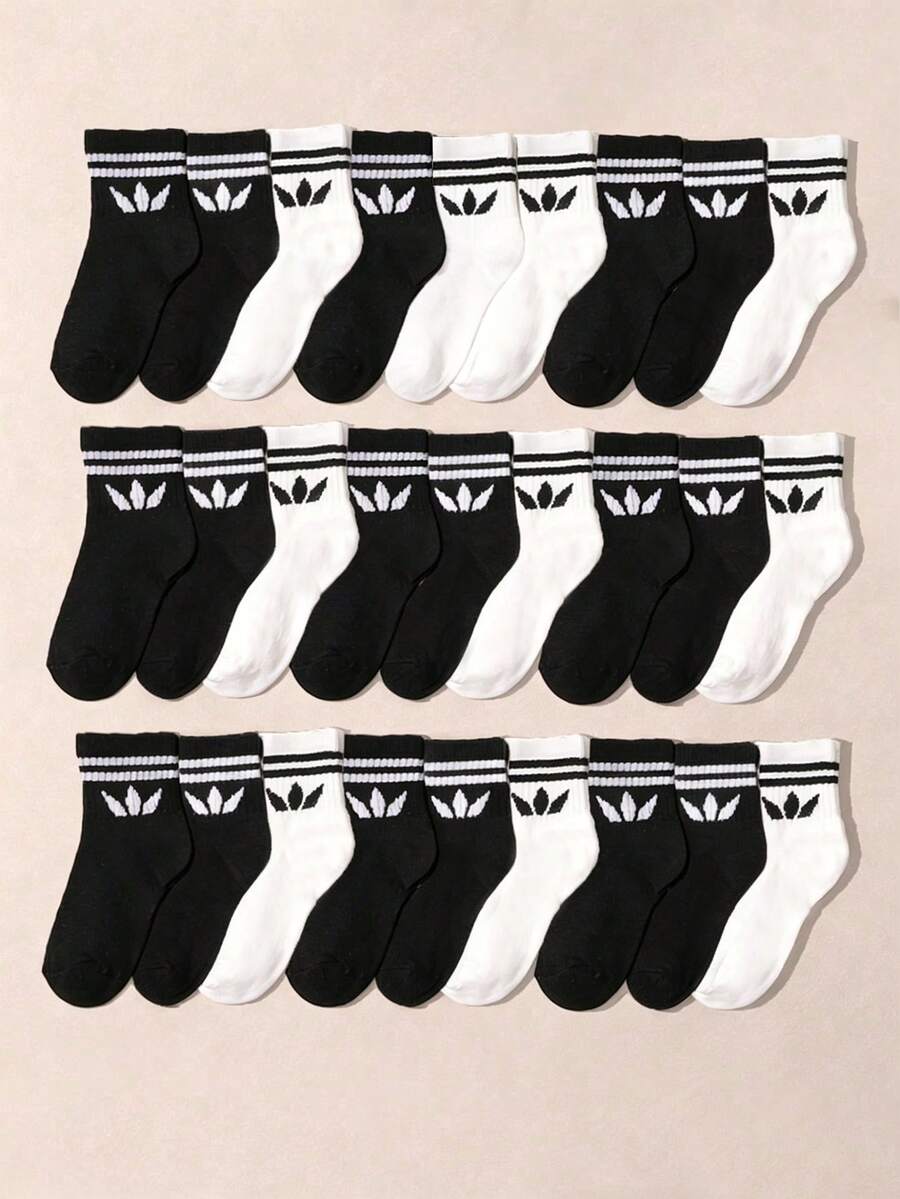 10/20 Pairs Toddler Children Teenager Solid Color Daily Casual Solid Color Sports Mid-Calf Socks - Black and White - View 1