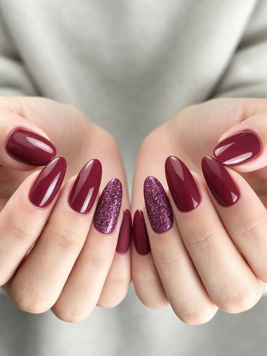 Show Your Beauty 24片杏仁形假指甲 經典優雅酒紅色亮面亮粉白色顯白 時尚百搭穿戴甲 適合約會派對 春夏秋冬 女士與女孩日常配戴 可拆卸式穿戴甲套組 附果凍膠與指甲锉 易佩戴且持久 果凍膠隨機發送 - 酒紅色 - 查看 1